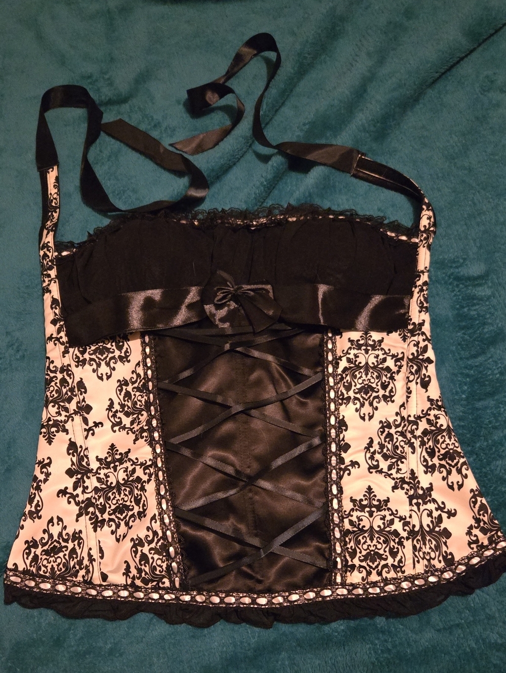 NWOT Black & White Damask Lace-Up Bustier Top